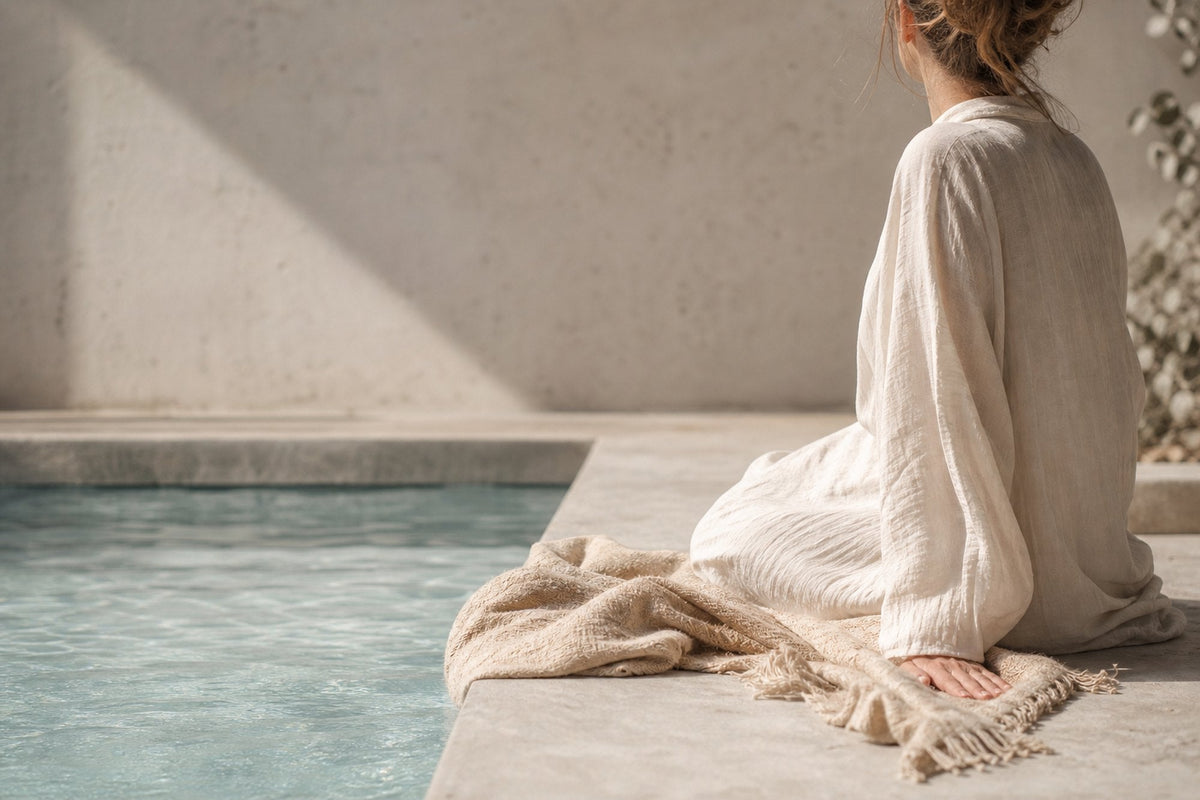 A woman in a cream linen robe sits on warm concrete beside a shallow pool with her back to the camera, a linen throw gathered beside her.