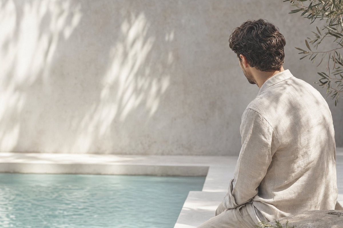 A man in a linen shirt sits at the edge of a pool, seen from behind, with olive-leaf shadows on the pale wall beside him.