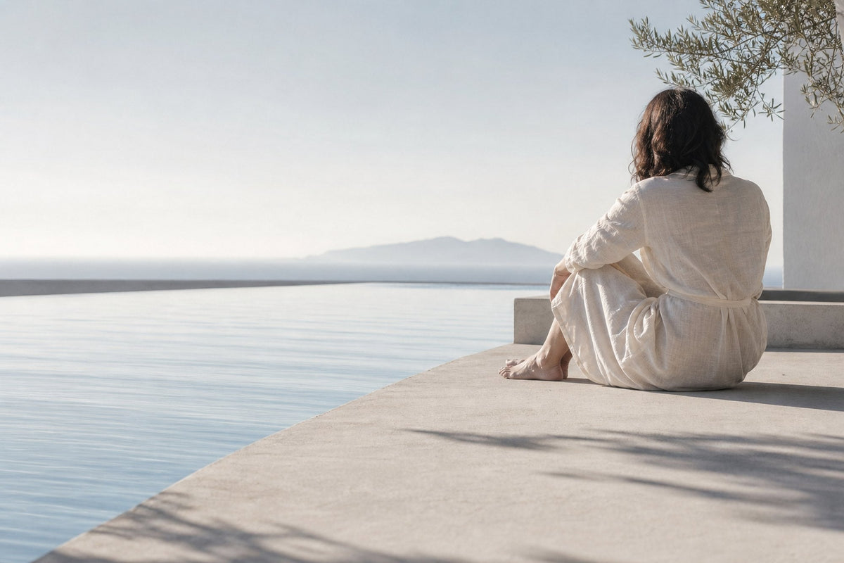 A woman in cream linen sits at the edge of an infinity pool with her back to the camera, looking toward a distant headland under an olive branch.