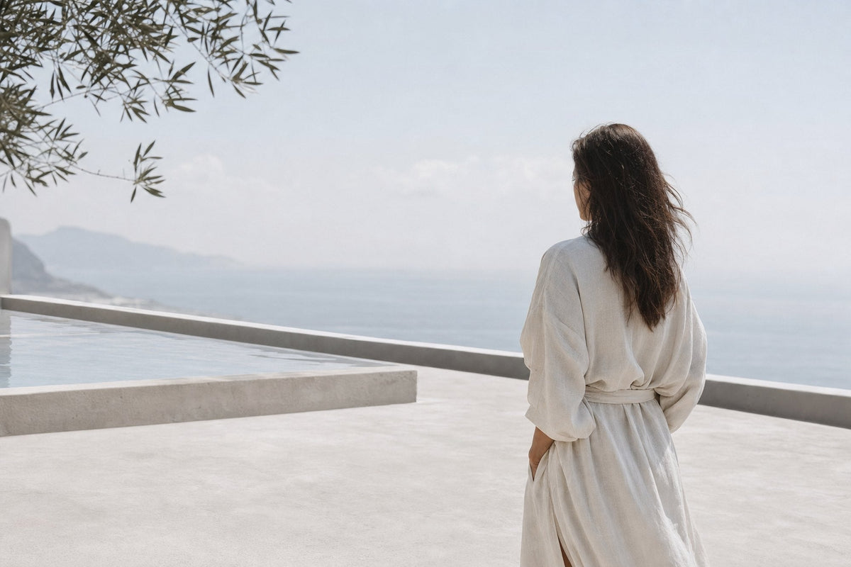 A woman in a loose linen robe stands on a pale terrace beside a pool, seen from behind, looking out at a hazy sea with an olive branch overhead.