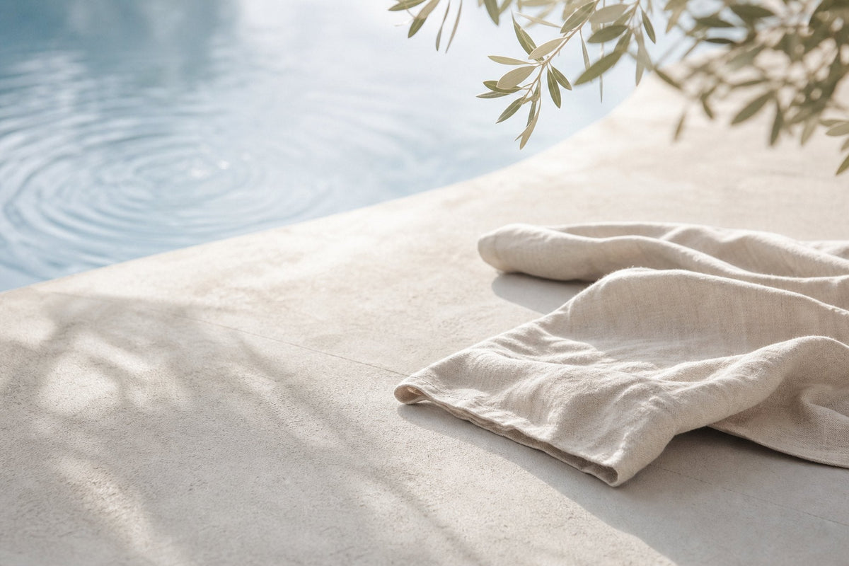 Two folded linen towels lie on pale concrete at the edge of a rippling pool, with olive-branch shadows across the stone and no one in the frame.